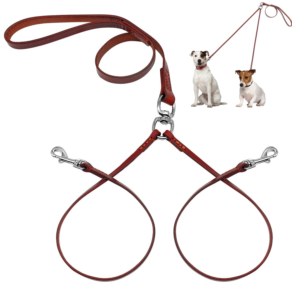 2 Way Real Leather Coupler Dog Walking Leash Dual