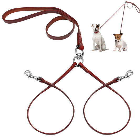 2 Way Real Leather Coupler Dog Walking Leash Dual