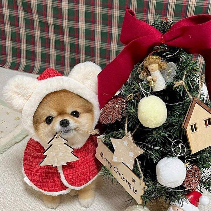 Christmas Pet Dog Clothes Plush Ears Hooded Cloak For Small Medium