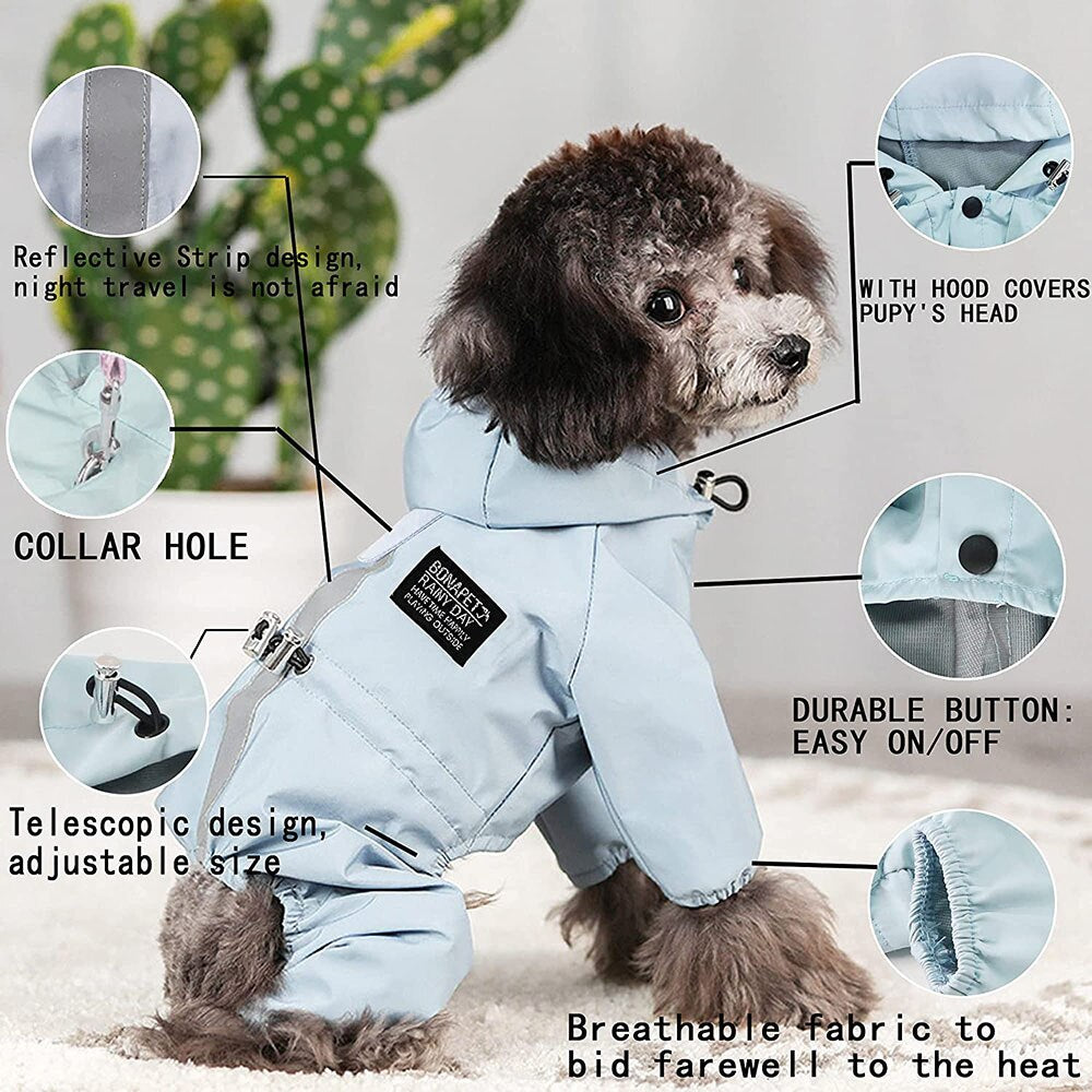 Dog Raincoat Quick Dry Pet Reflective & Adjustable Rain Poncho Jacket