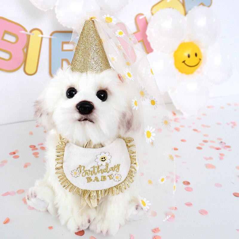 Ins Cute Daisy Birthday Hat Dog Accessories Pet Bib Party Saliva Towel