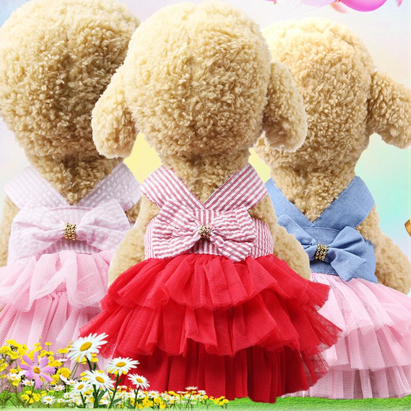 New Dog Princess Dresses Puppy Bow Knot Dress Pet Tutu Skirt Striped