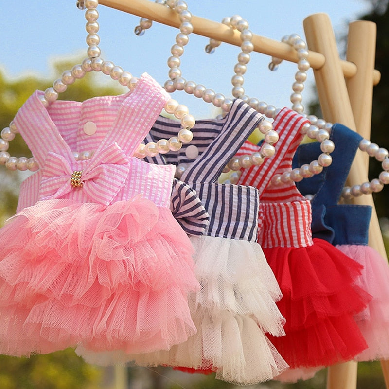 New Dog Princess Dresses Puppy Bow Knot Dress Pet Tutu Skirt Striped