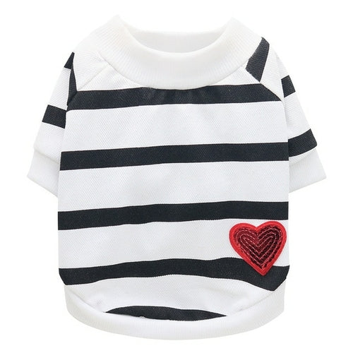 Pet dog spring and summer black and white striped love round neck