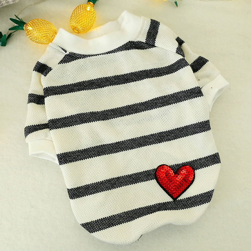 Pet dog spring and summer black and white striped love round neck