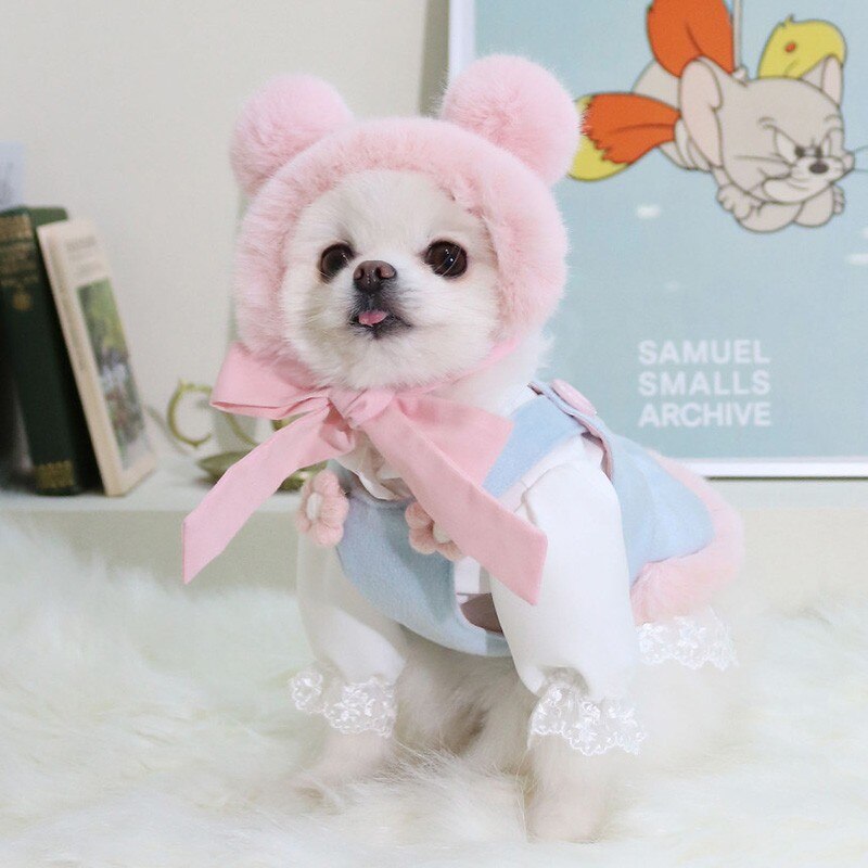 Plush Dog Dress Cute Bear Hat For Small Medium Dog Vest Winter Pet Dog