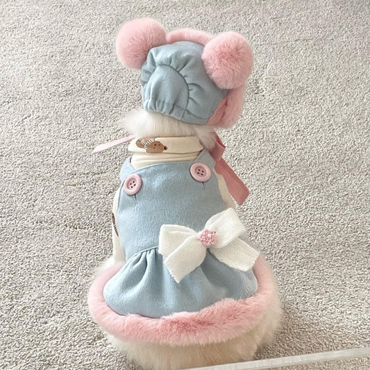 Plush Dog Dress Cute Bear Hat For Small Medium Dog Vest Winter Pet Dog