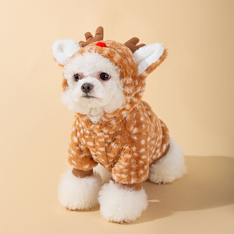 Plush Elk Coat For Dogs Winter Soft Pet Dog Clothes With Tow Ring Cute