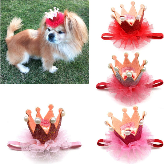 Red Style Pet Birthday Crown Dog Cap with Lace Pearl Exquisite Sequin