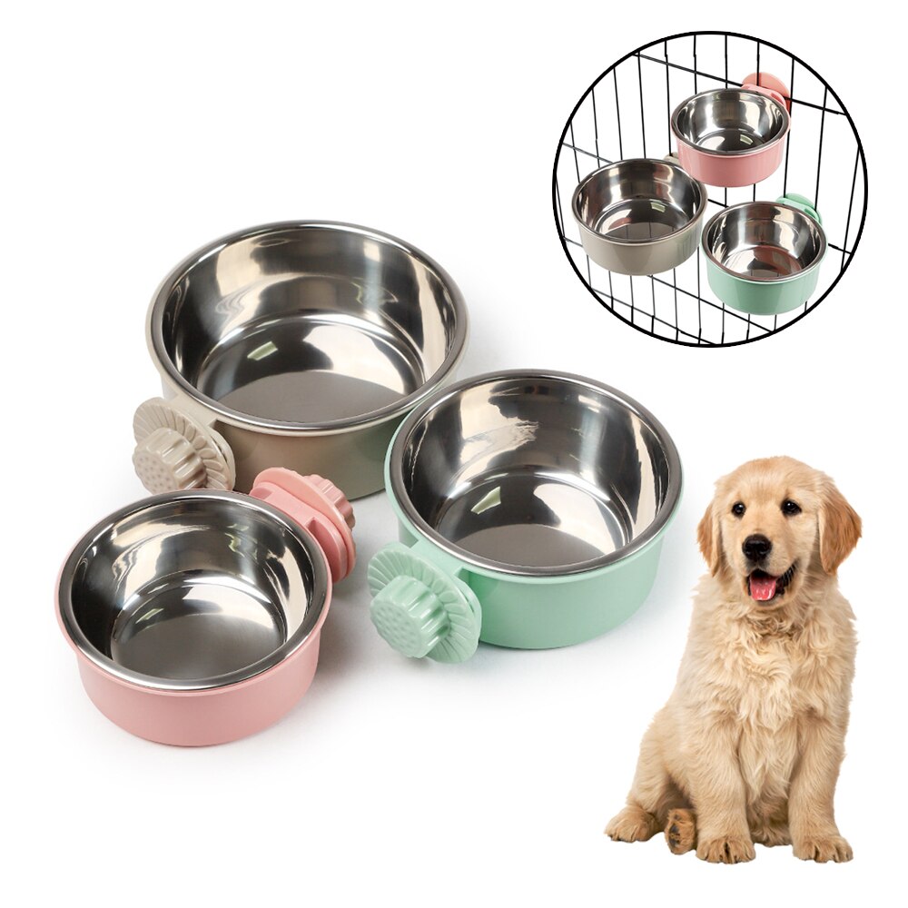 Stainless Steel Dog Bowl Feeder Cage Hanging Pet Bowl Water Dispenser