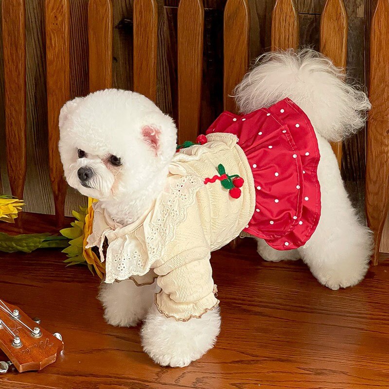 Sweet Bow Dog Dress Winter Fleece Warm Pet Dog Clothes Cherry Lace