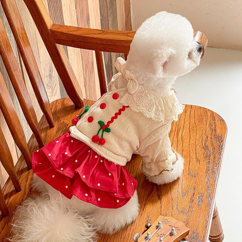 Sweet Bow Dog Dress Winter Fleece Warm Pet Dog Clothes Cherry Lace