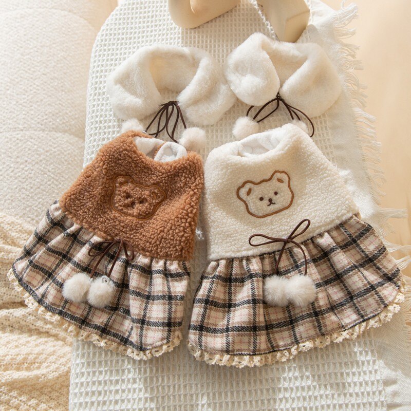 Winter Pet Dog Clothes Cute Plush Ball Dog Dress Cartoon Bear Skirt