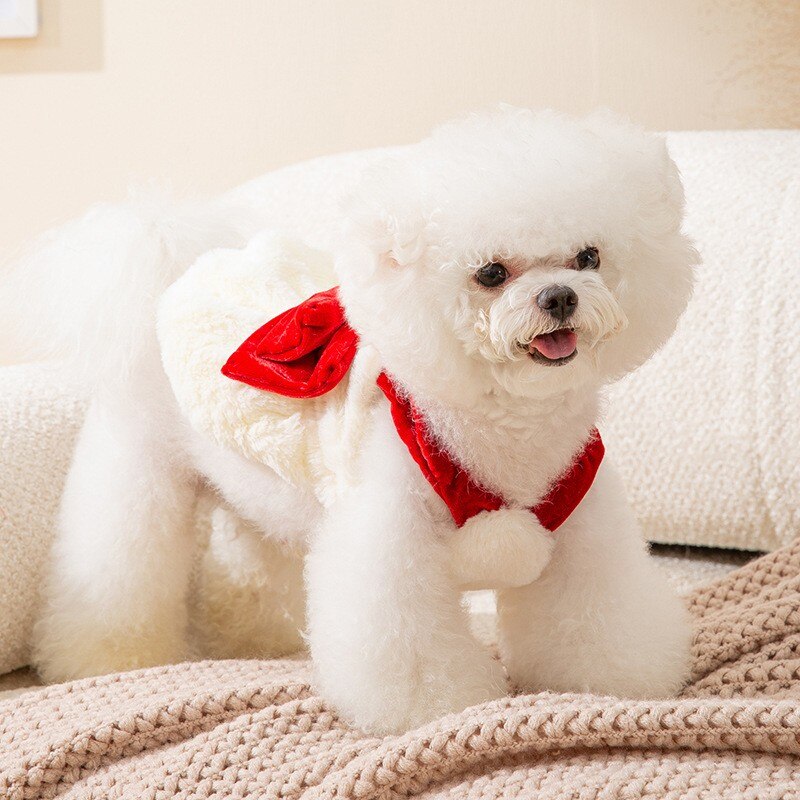 Winter Pet Dog Clothes Plush Warm Dog Sweater Sweet Bow Tie Dresses