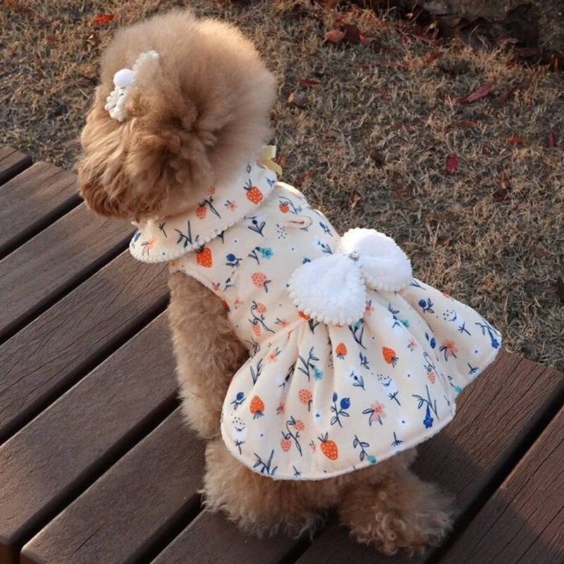 Winter Pet Dogs Clothes Sweet Flowers Bow Dog Skirt Warm Fleece Dogs